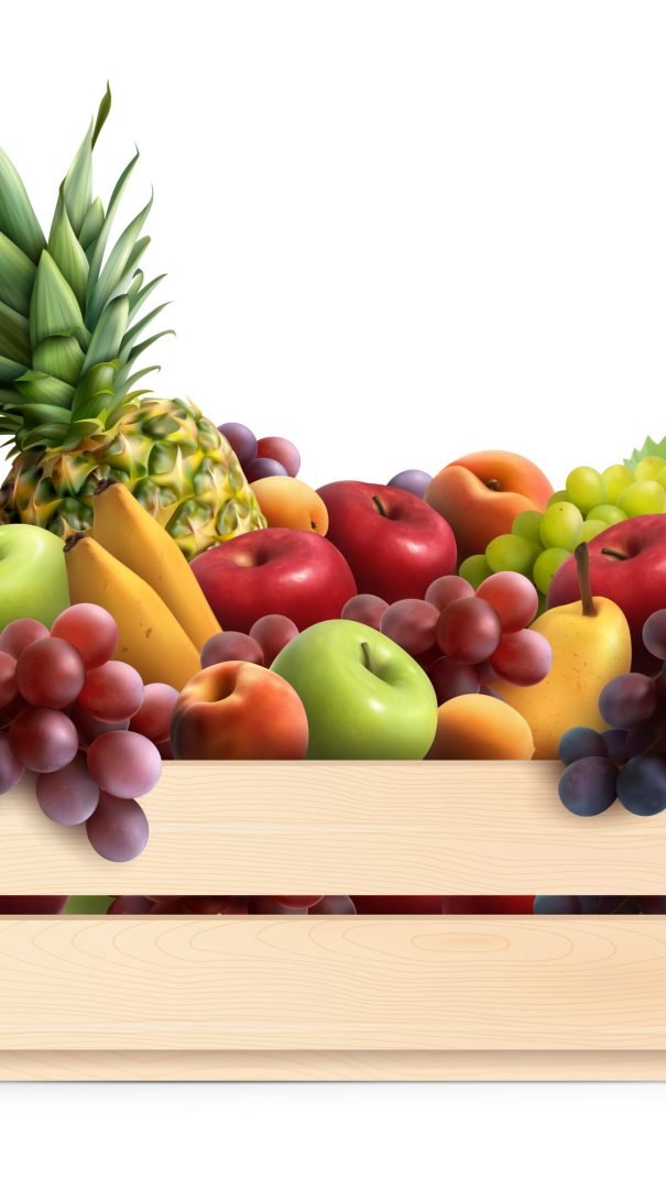 Set of exotic fruits in wooden box on white background realistic design concept vector illustration